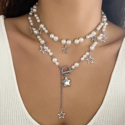 IngeSight. Trendy Y2K Metal Hollowed Out Star Pendant Necklace Gothic Double layered Pearl Choker Women's Charm Party Jewelry