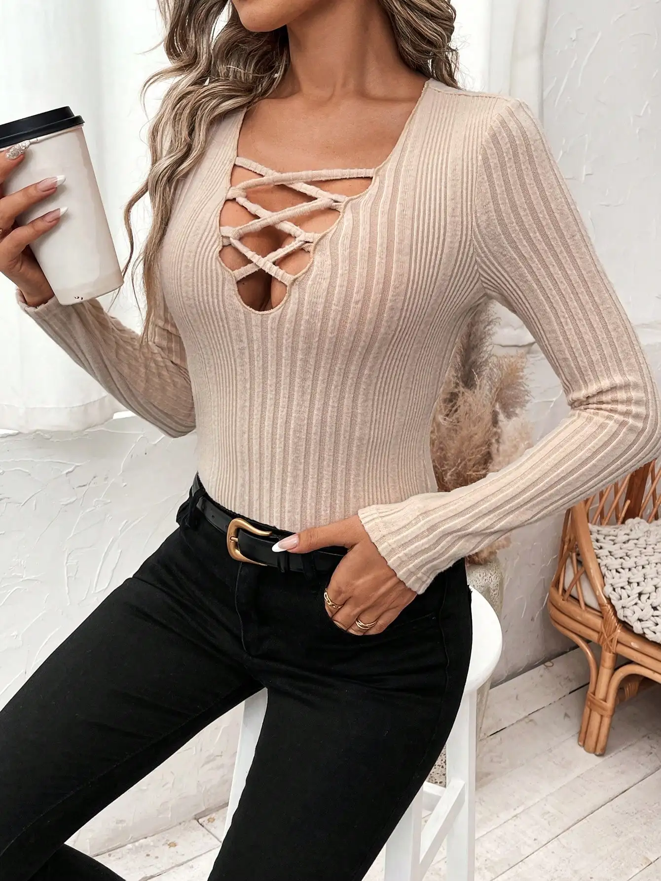 Privé Solid Color Crisscross Tie Front Crop Top  Hollow Design Daily Shopping And Dressing