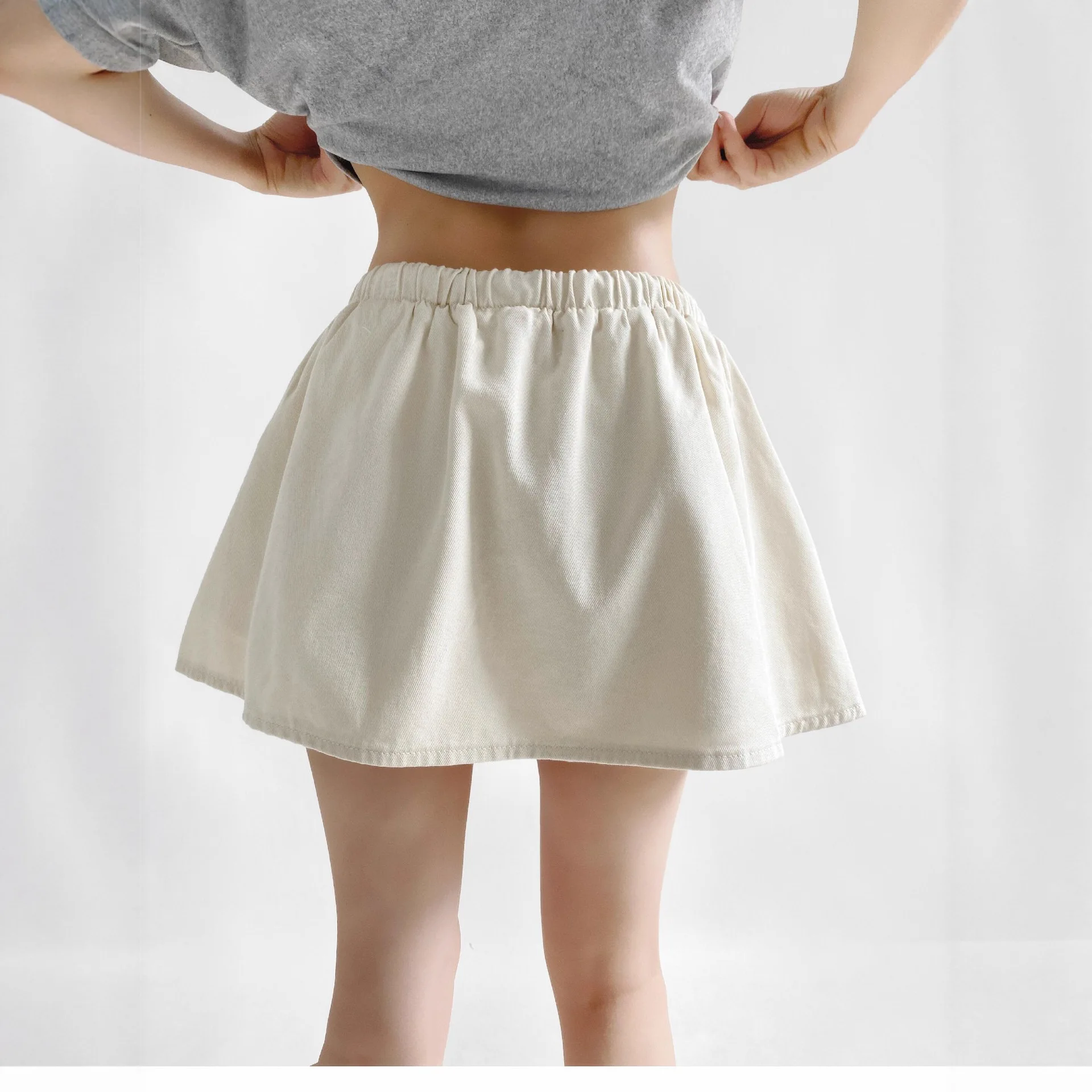 

Tian Si Denim Puffy Skirt with Lining Shorts Women's Summer Mid-Low Waist Elastic Waistband Linen Rayon Youthful Half-Skirt