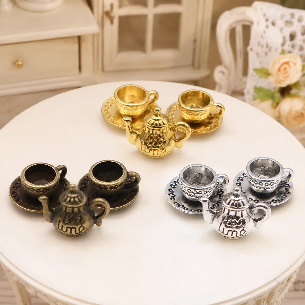 3Pcs/Set Doll House Mini Metal Tea Cup And Teapot Set Miniature Food Play Scene Simulation Coffee Cup Ob11 Retro Decor Model