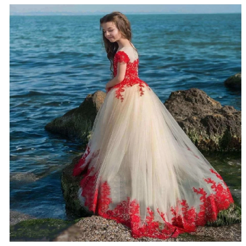 Robe à fleurs en dentelle rouge pour filles, appliques en tulle, manches courtes, longueur au sol, robes de soirée moelleuses pour enfants, première communion, boule, quoi que ce soit