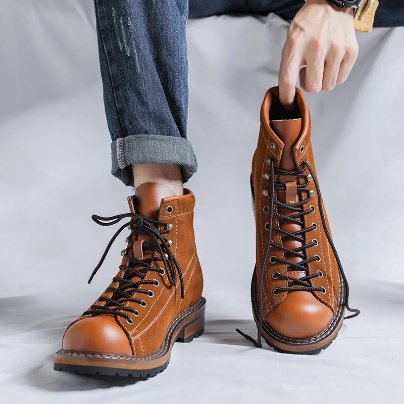 Hiking Shoes Men's Walking Boots British Thick Soled Cowhide High Top Motorcycle Boots Ankle Sneakers Casual Trekking Shoe 38-44 view 2