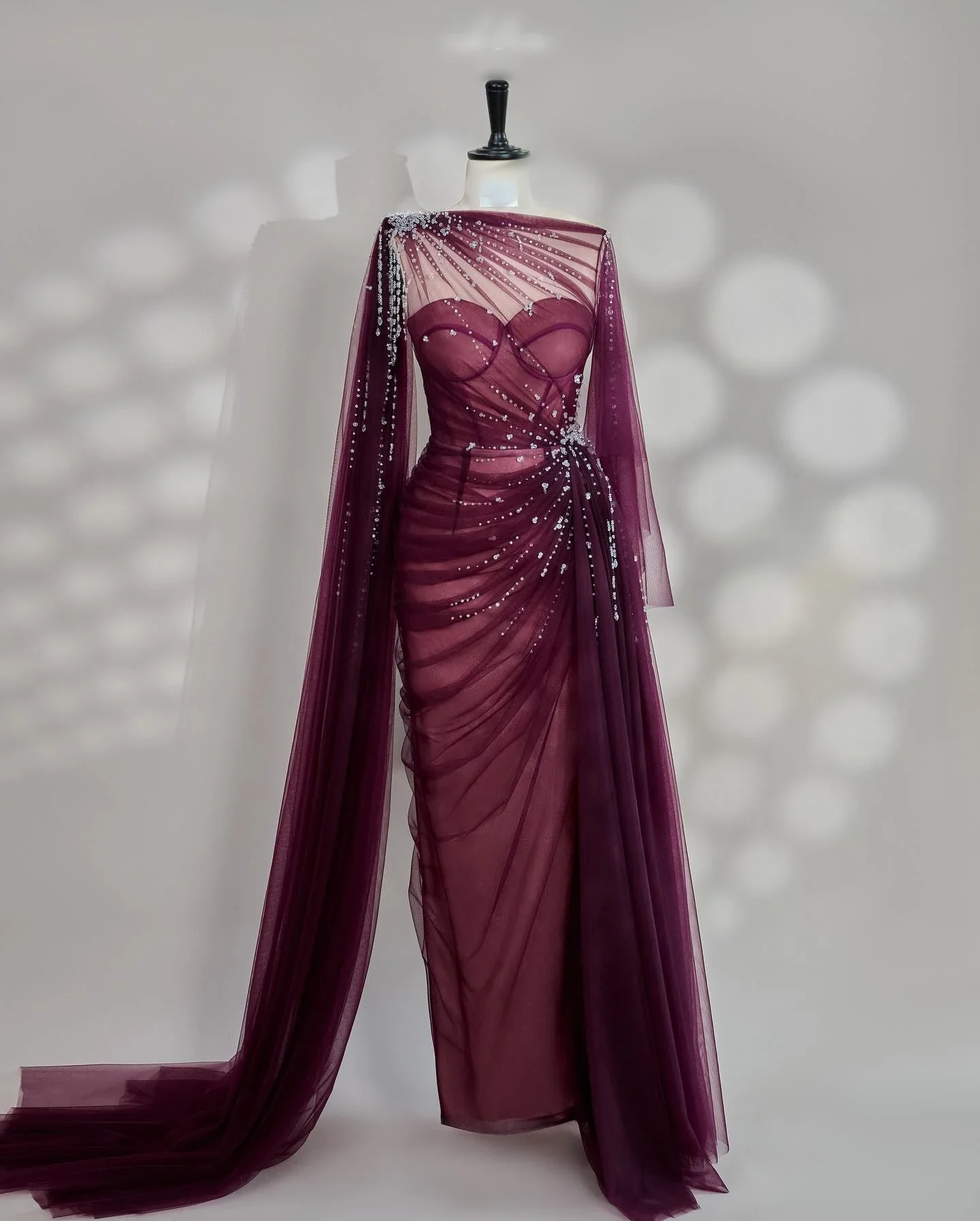 

Customized Luxury Tulle Straight Crystal Evening Dress Temperament Long Sleeves Crew neck Floor Length Special Occasion Gowns