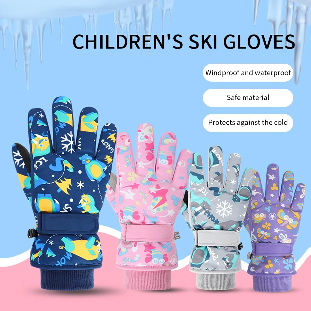 Children Thermal Ski Gloves Kids Winter Fleece Waterproof Warm Gloves Boys Girls Cute Cartoon Snowboard Windproof Snow Mittens