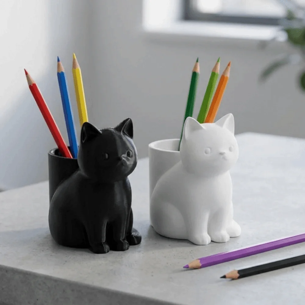Multi-functional 3D Printed Cat Pen Holder Cute Decorative Cat-Shaped Storage Tube Plastic Stationery Storage Box for Home