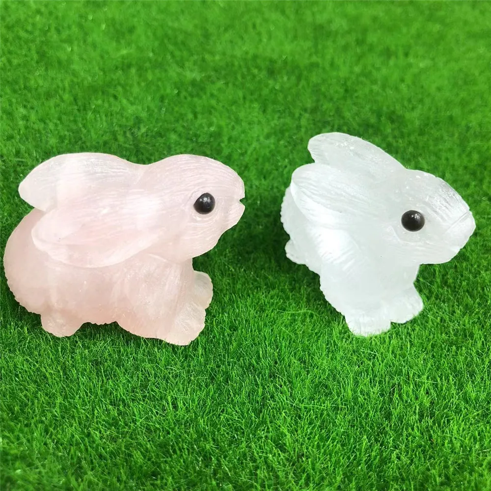 

Cute Carvings Natural Crystal Stone Clear Quartz Carved Rabbit Crystal Bunny Carving Animal Crafts Home Decoration