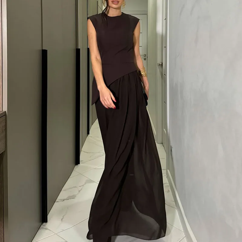 

Sleeveless Pleated Outfits Fashion Patchwork Mesh Solid Long Pant Suit Round Neck Irregular Top & Wide Leg Pant Set