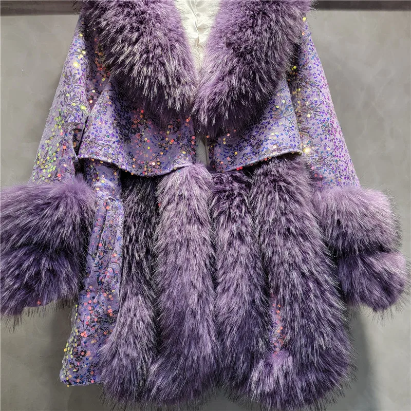 European Fashion Fur Lapel Imitation Fox Hair Sequins Jacket Women\'s Winter Clothing New Temperament Purple Overcoat Coats