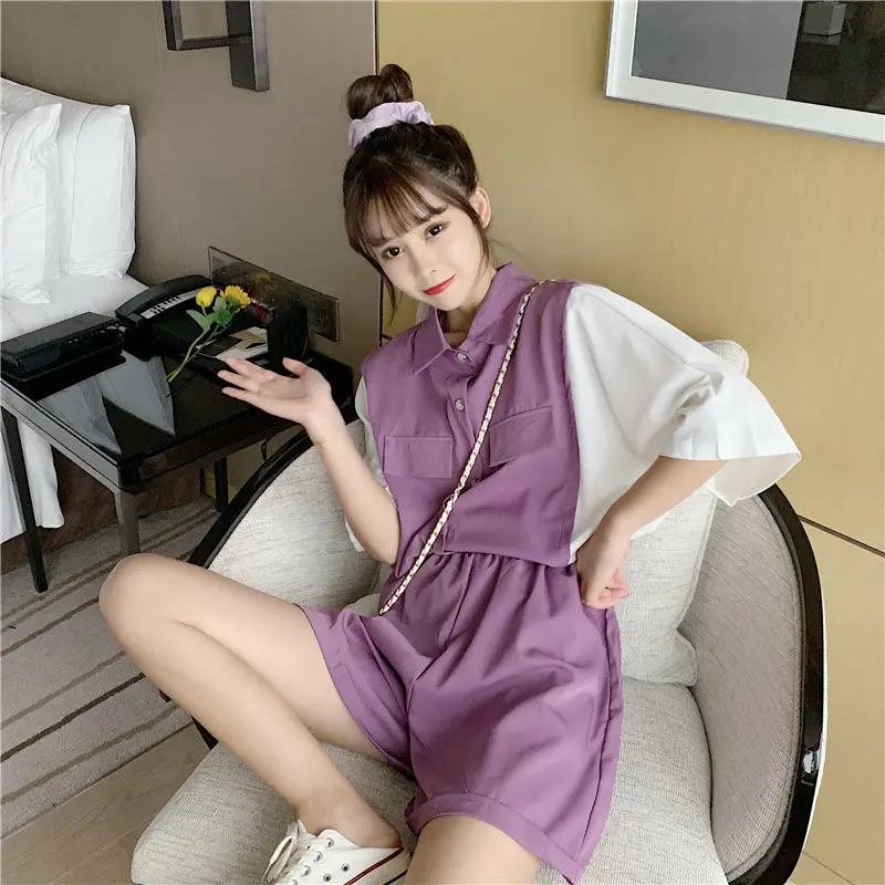 Korean Two Piece Set Sets Women Sweet Students Shorts Summer Patchwork Femininno Shirts Baggy All-Match Fashion Kawaii Ins