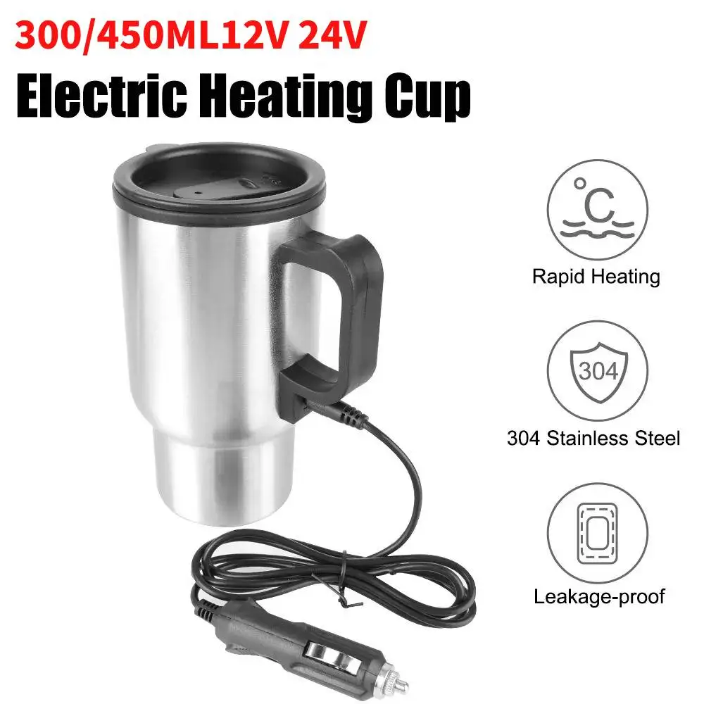 300/450ML12V 24V Riscaldamento elettrico Bollitore per auto Acqua Caffè Latte Tazza termica Bollitore da viaggio da campeggio Riscaldamento del veicolo in acciaio inossidabile