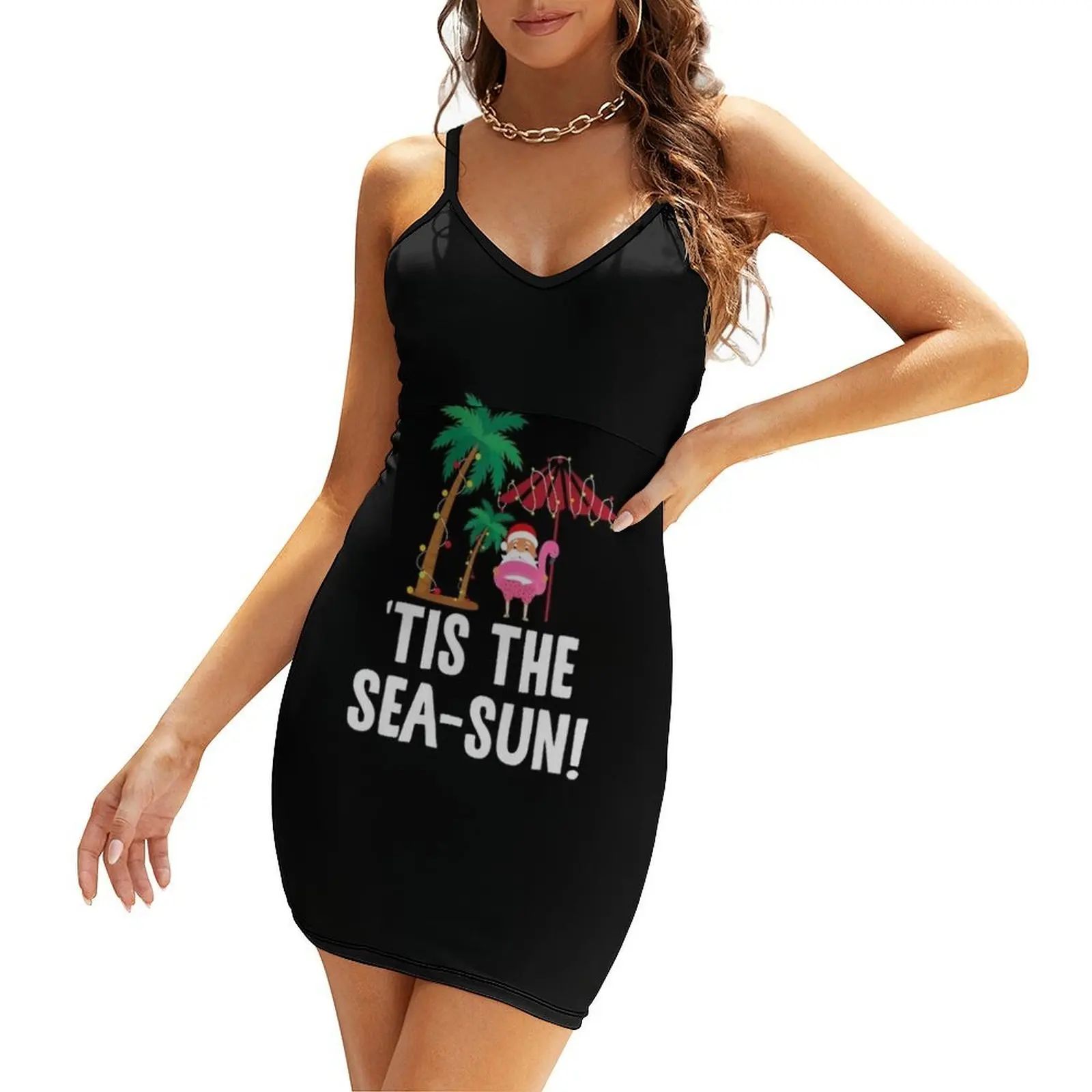 

Tis the Sea-Sun Tropical Christmas Season Santa Flamingo Fan Sling Dress Beachwear Evening dresses