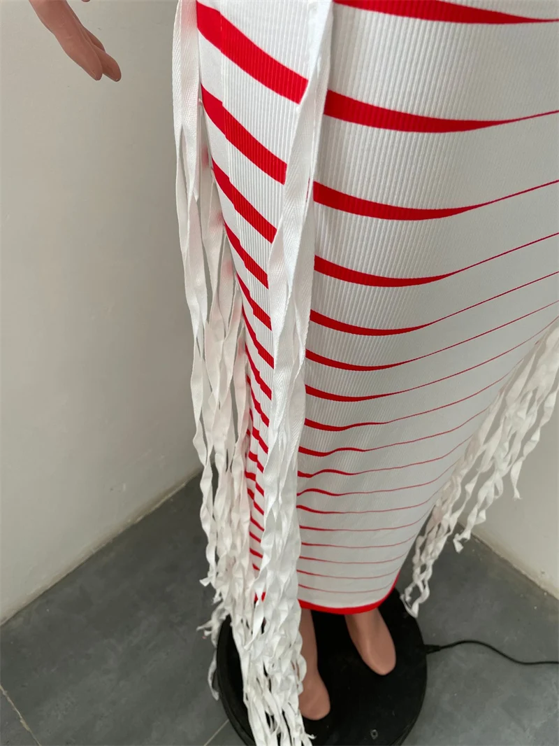 Striped Fringed Tassel Body-shaping Maxi Dress Women Sleeveless Party Night Club Long Dresses Elegant Turtleneck Slim Prom Dress