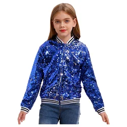 Children Girls Hip Hop Jazz Street Dance Outerwear Long Sleeve Zipper Sequin Baseball Jacket Cheerleading Performance Costume