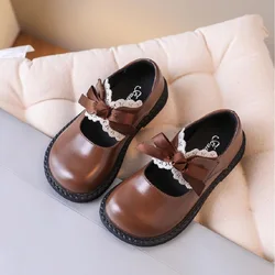 Children's Shoes 2024 Autumn New Girls' Leather Shoes Lace Lace Bow Children's Princess Shoes Black Brown Beige 21-33