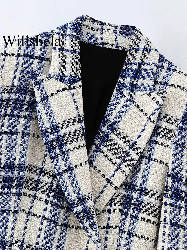 Willshela Women Fashion With Pockets Texture Plaid Double Breasted Blazer Vintage Notched Neck Long Sleeves Female Chic Outfits