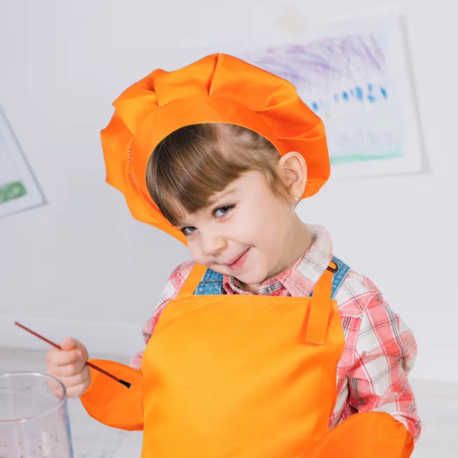 

1Set Child Apron with Chef Hat Sleeve Adjustable for Toddlers Cooking Baking Art Projects Stain Resistant Easy Clean Playwear