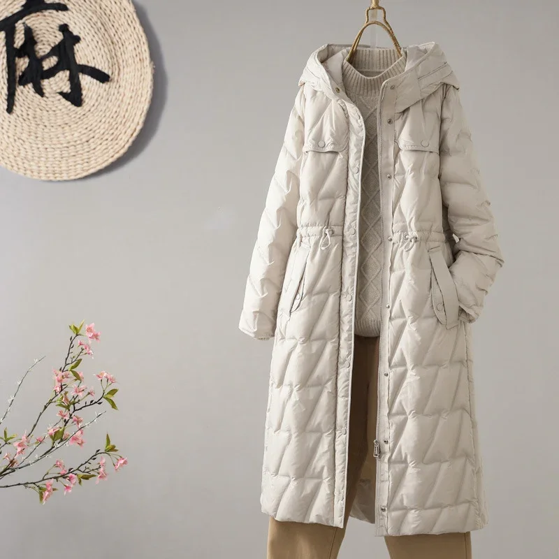 

2026 New Women 90% White Duck Down Long Jacket Autumn Winter Office Lady Slim Outwear With Hood Luxurious Coat