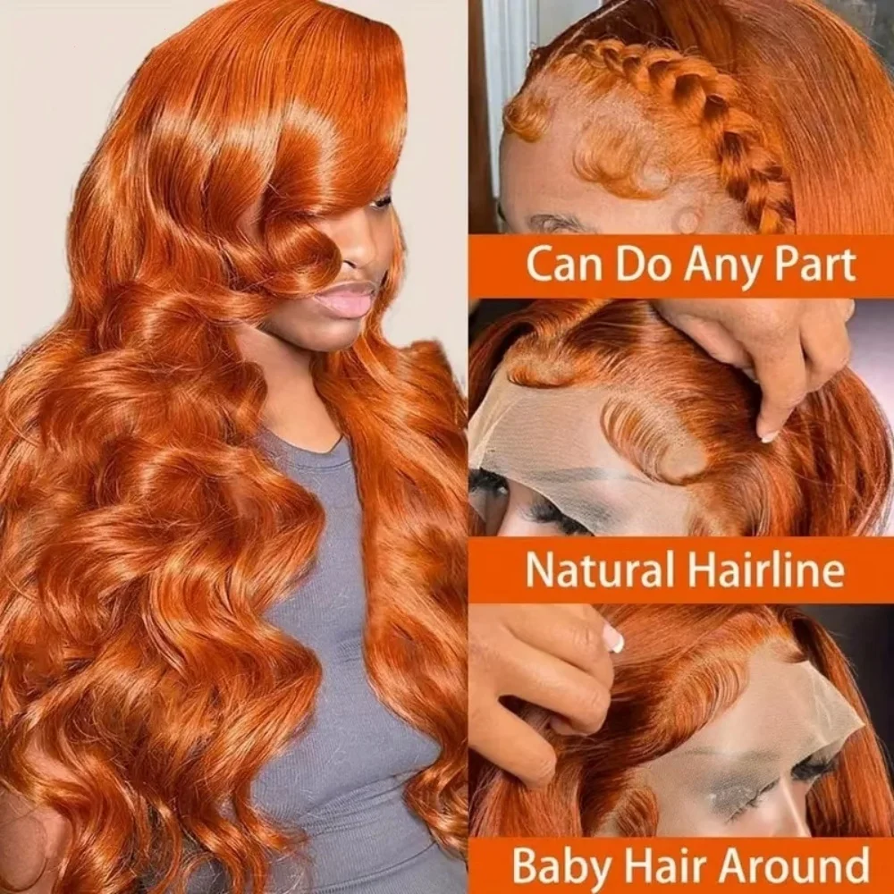 Gengibre laranja 13x4 perucas frontais do laço cabelo humano 200% densidade peruca onda do corpo 350 cor perucas de cabelo humano pré arrancadas 100% cabelo humano