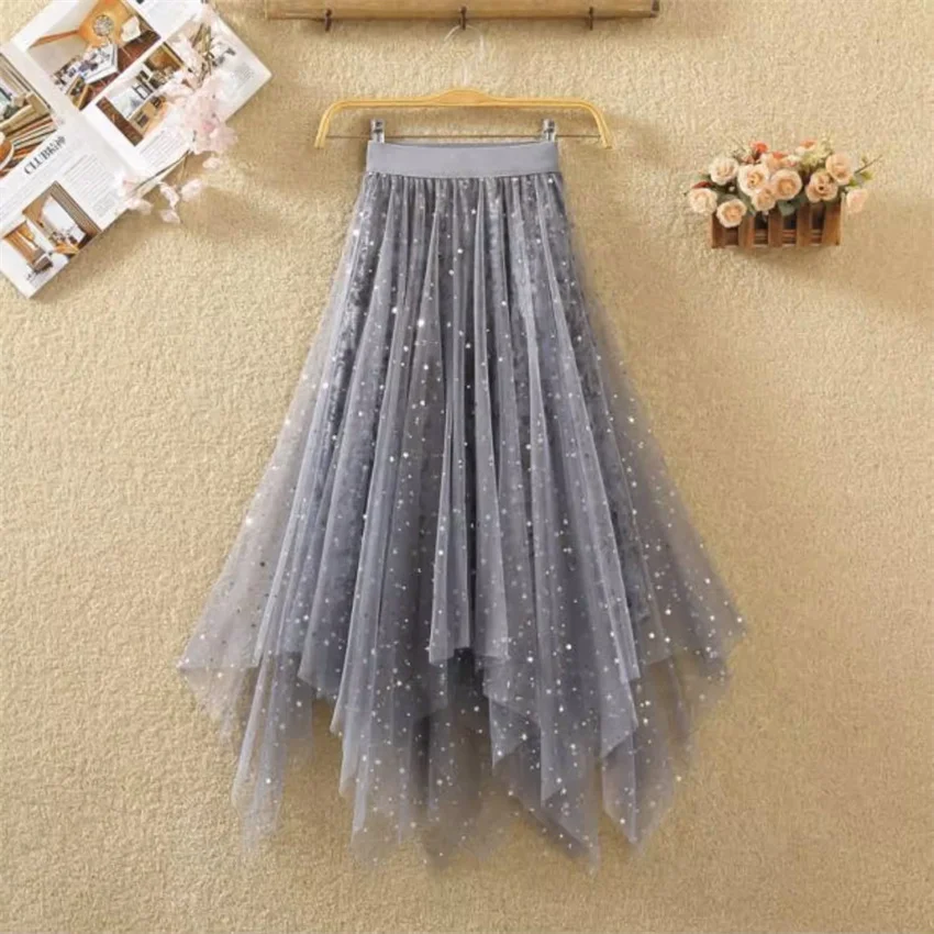 Gowyimmes Spring Autumn Women Starry Irregular Lace Skirts Lady Midi Long High Waist Pleated Skirt Girl A-line Bottomings PD1863