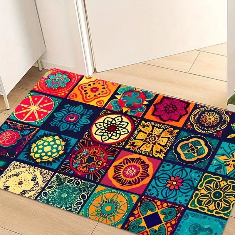 1pc Vibrant Bohemian Style Square Non-Slip Sponge Floor Mat, 8mm Thick, Machine Washable Polyester - Perfect for Kitchen, Bathro