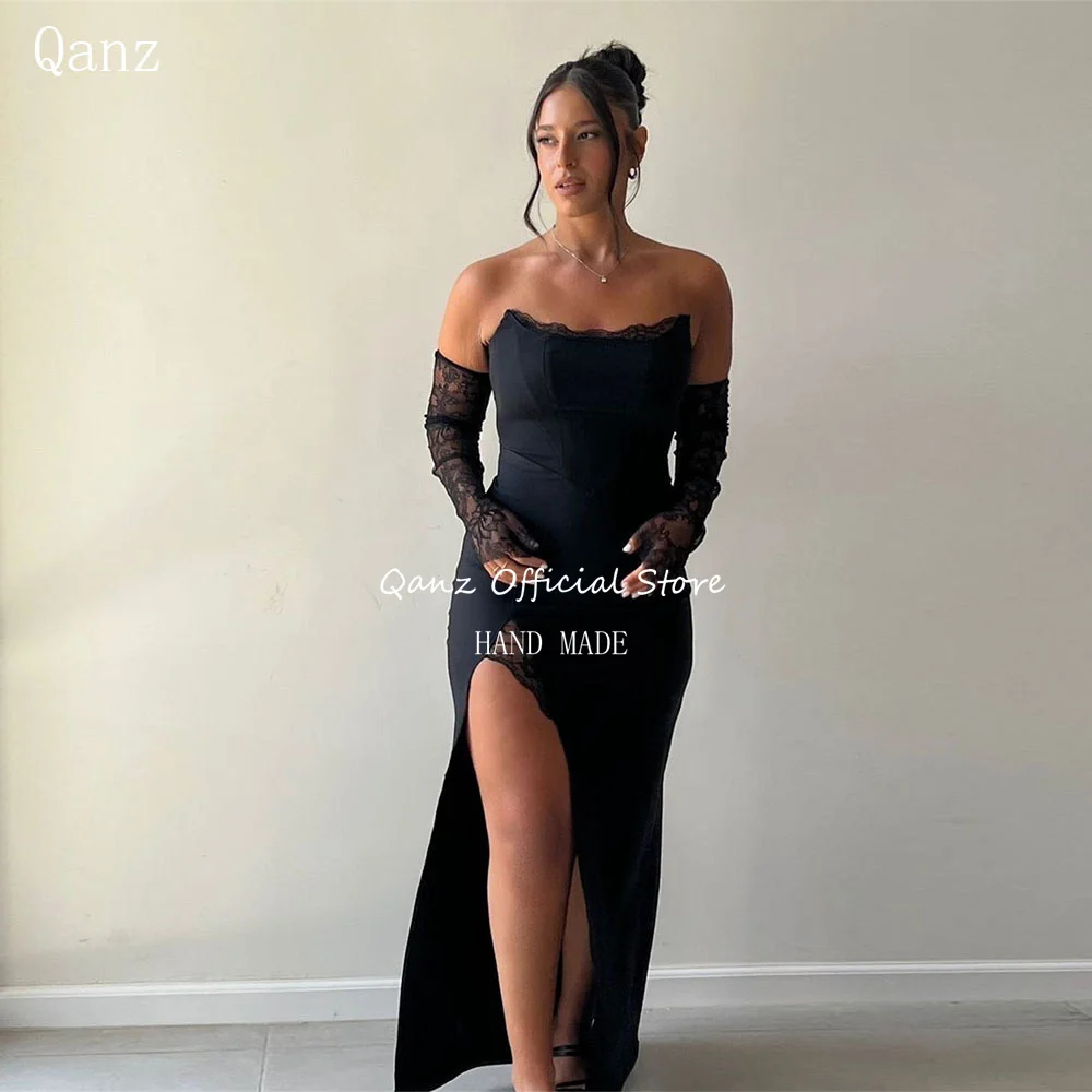 

Qanz Sexy Mermaid Evening Dresses Black Satin High Slit Lace Strapless Prom Dresses Long Sleeves Vestidos De Noche Customized