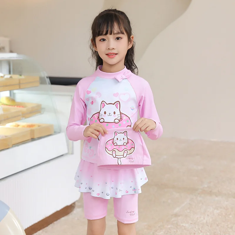 Cute Cartoon Split Swimsuit with Swim Cap for Girls, Long Sleeve, Sun Protection, Baby Swimwear Set, New, 2021, UPF50 +, 4Pcs