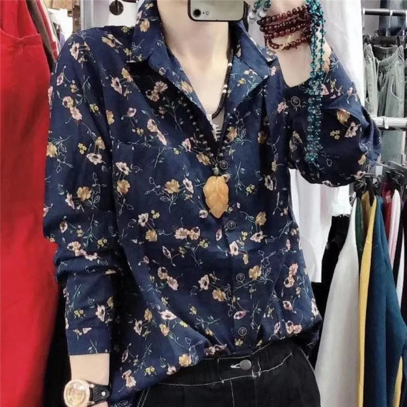 Women\'s Vintage Floral Print Cotton Linen Button Up Shirt Korean Style Casual Loose Long Sleeve Blouse Top Female Blusas Clothes