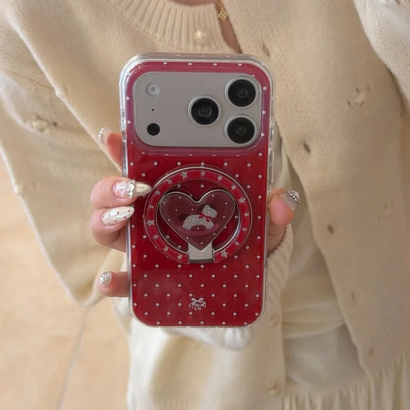 

Fashion Red Polka Dot Magnetic Phone Case For iPhone 17 15 Pro 14 16 Pro Max Back Cover with Stand Hand Rope Cute Cases For Mags