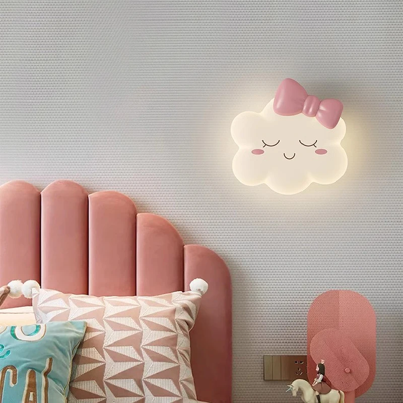 Cute Children\'s Room Wall Lamps With Pink Bow Cloud Lamp Modern Romantic Princess room Nursery Girl Bedroom Bedside Wall Lights