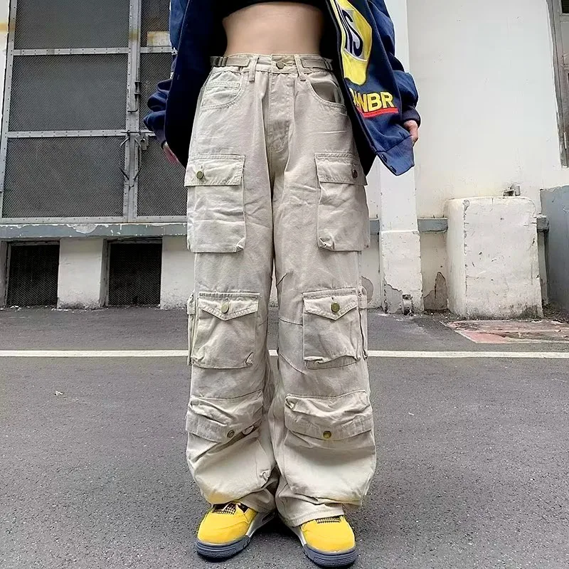 

2023 Harajuku Fashion Multi Pockets Green Baggy Cargo Jeans Pants Y2K Clothes Women Straight Wide Leg Loose Lady Casual Trousers