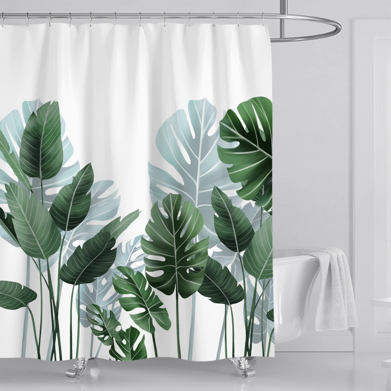 Watercolor Leaves on The Top Plant with Floral Bathroom Decoration Shower Curtain 180*180CM with Hooks