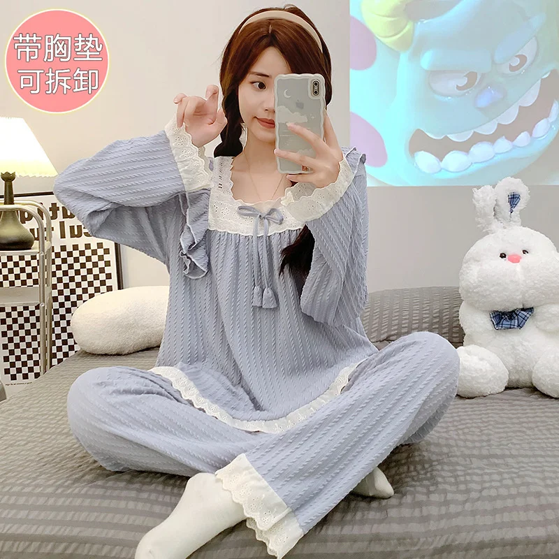 Women Princess Lace Solid Pajamas Suit Long Sleeved Two Pieces Sleepwear With Lingerie Sweet Cute Home wear Set