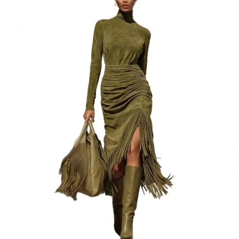 

African Elegant Turtleneck Woman Sexy Solid Slim Tassel Dress Long Sleeve Spring Autumn Dress 2026 Elegant Long Maxi Dresses