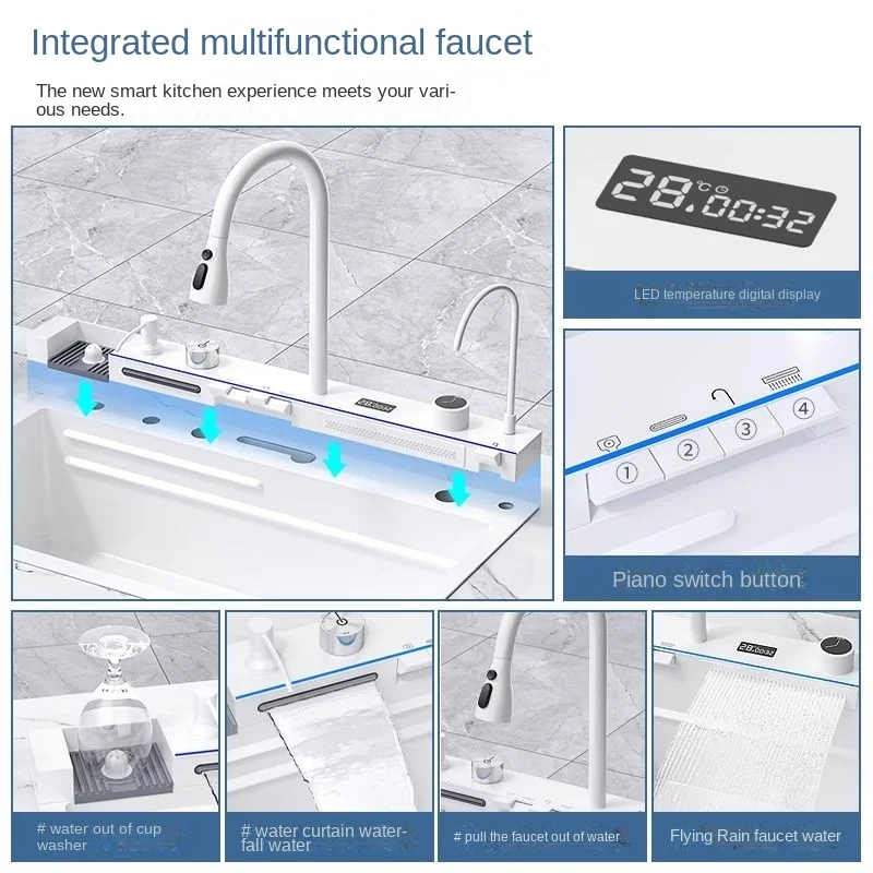 304Stainless Steel Waterfall Kitchen Sink Large Single Slot Integrated Digital Display Faucet Set with Soap Dispenser Cup Washer