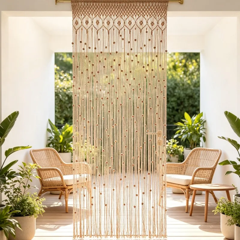 Macrame Beaded Door Curtain Bohemian Handmade String Divider for Living Room Bedroom Home Decor Tassel Hanging Screen