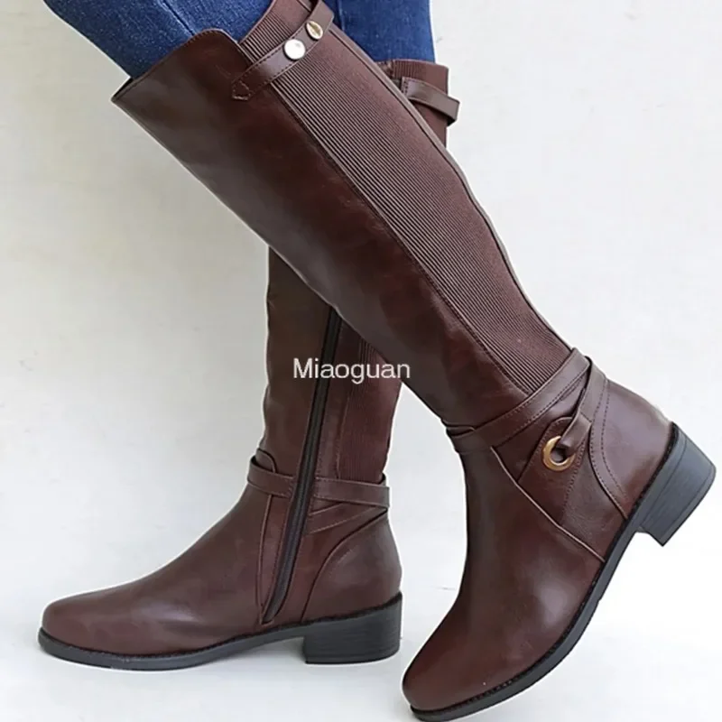 

Women's Chunky Heel PU Leather Boots Long Booties Knee High Boots for Ladies Autumn Winter Gothic Shoes Slouchy Woman Wide Calf