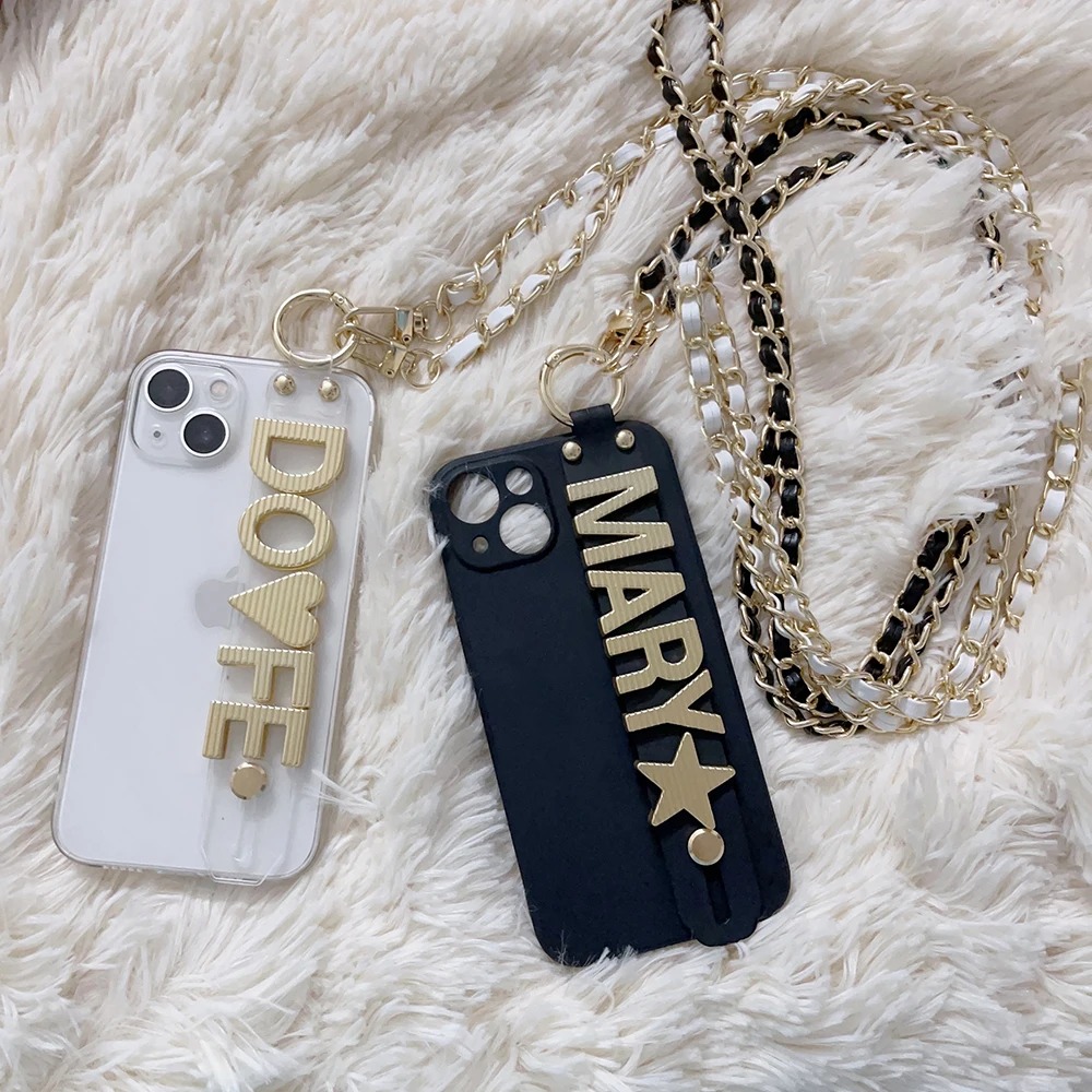 Custom Name Gold Letters TPU Lanyard Phone Case For iPhone 11 12 16pro 13Pro Max 14 pro max For Samsung Personalized Chain Cover