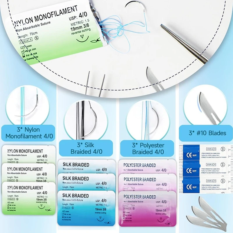 Kit de práctica de sutura para estudiantes, almohadillas de sutura de silicona, 17 herramientas de sutura precortadas, suturas y agujas