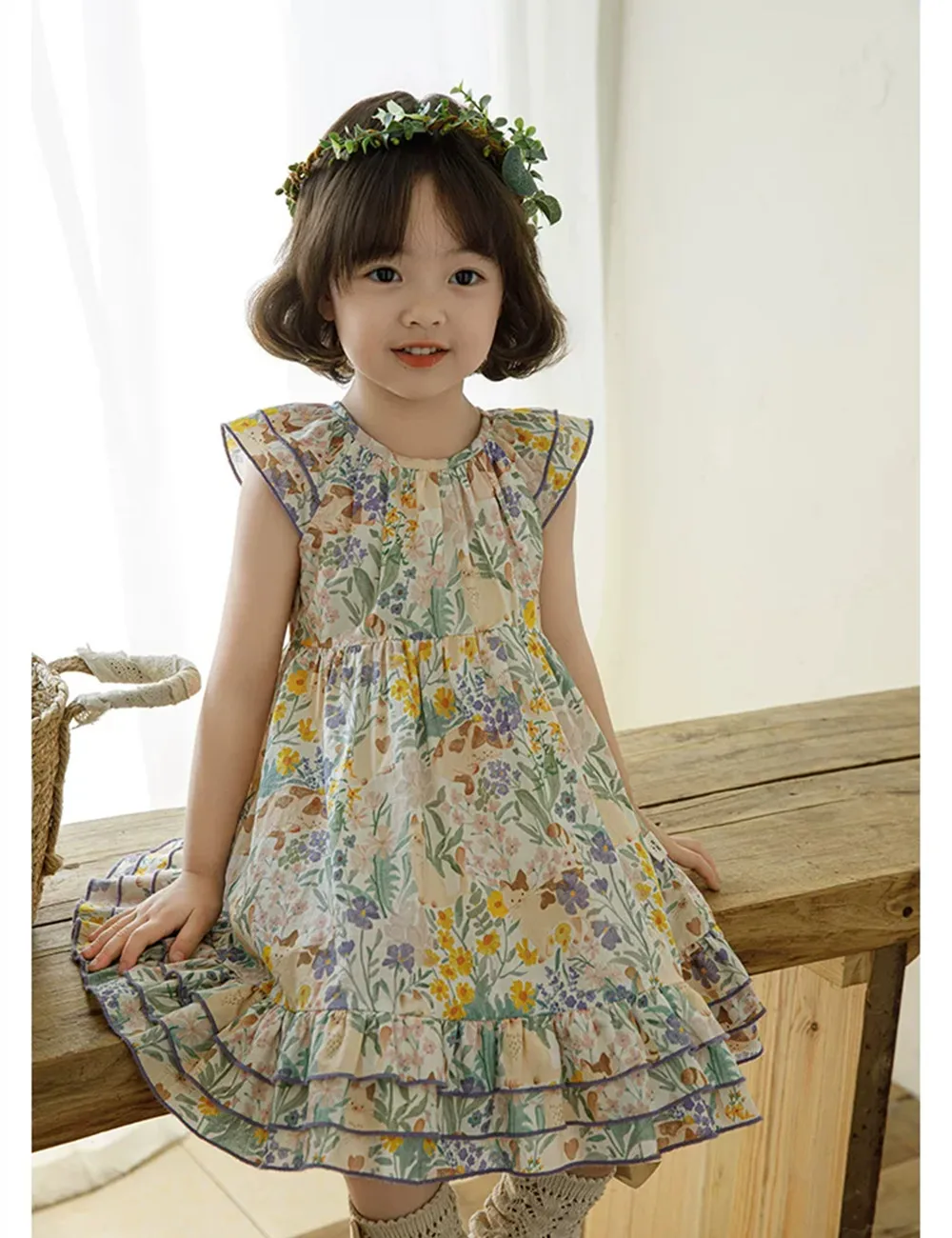 baby girl clothes kids dresses Forest style printed pattern Sweet girls' dress flying sleeves Cute summer dress