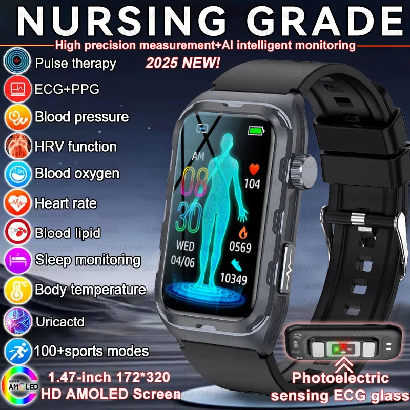 

2025 НОВЫЙ ЭКГ + PPG Pulse Therap Смарт-часы Мочевая кислота Липид артериального давления AI Смарт-диагностика Пульсометр Bluetooth-браслет для вызова