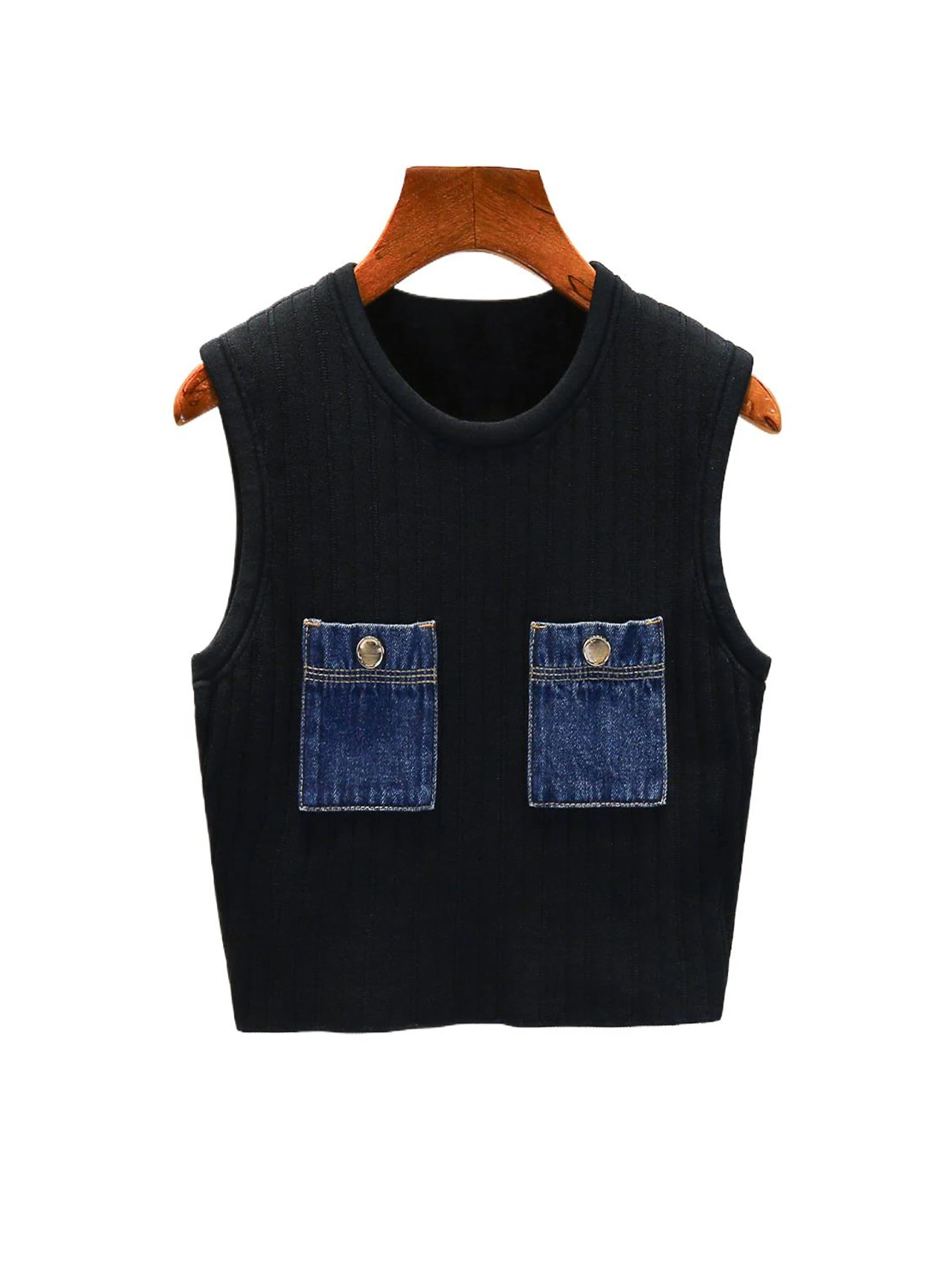 S Home South Oil High-End-Damen-Sommer-2025, Denim-Kett-Strickweste, Top, Pendeln, Slim-Fit, mittlere Länge, Farbe