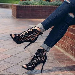 Gladiator Roman Summer Sandals Cross-tied Boots Women New Sexy Hollow Peep Toe High Heels Shoes Woman Stiletto 2019 jkm