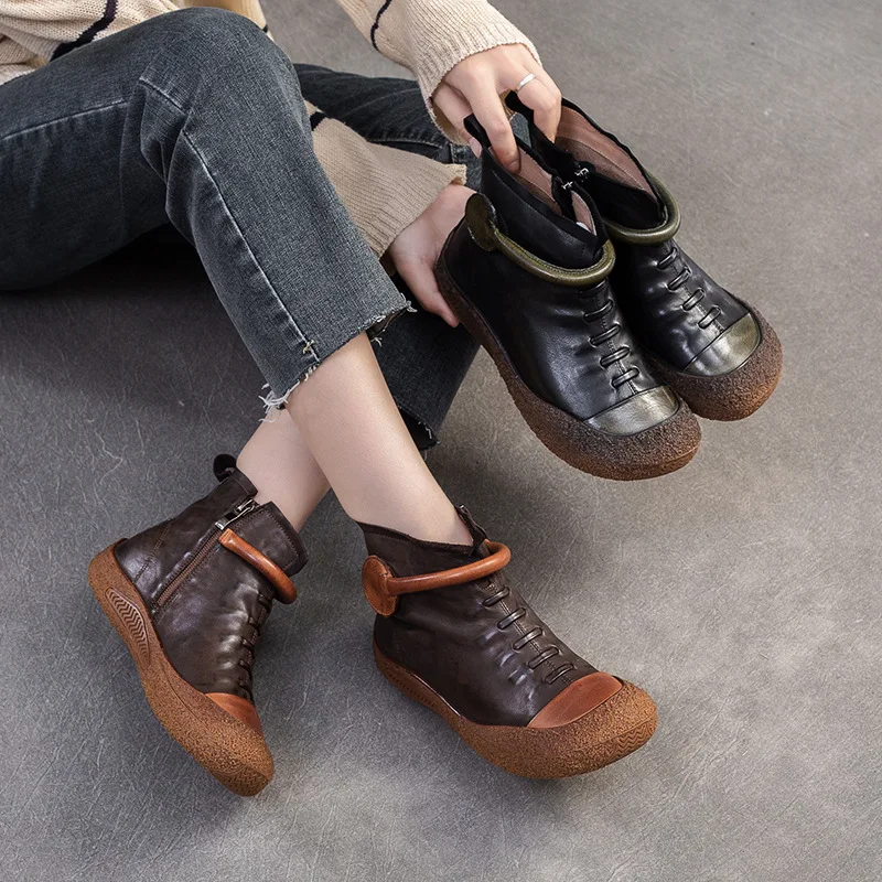 GKTINOO Retro Genuine Leather Short Boots Women's Shoes 2024 Autumn New Round Toe Soft Sole Comfortable Flat Ankle Boots