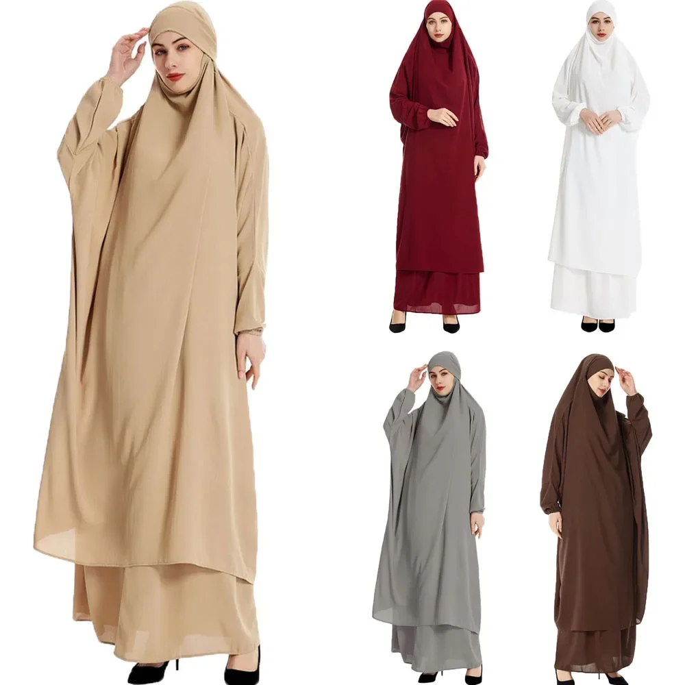 

2pcs Hooded Khimar Skirt Set Muslim Dress Women Prayer Garment Eid Djellaba Ramadan Islam Clothing Arabic Robe Abaya Kaftan Gown