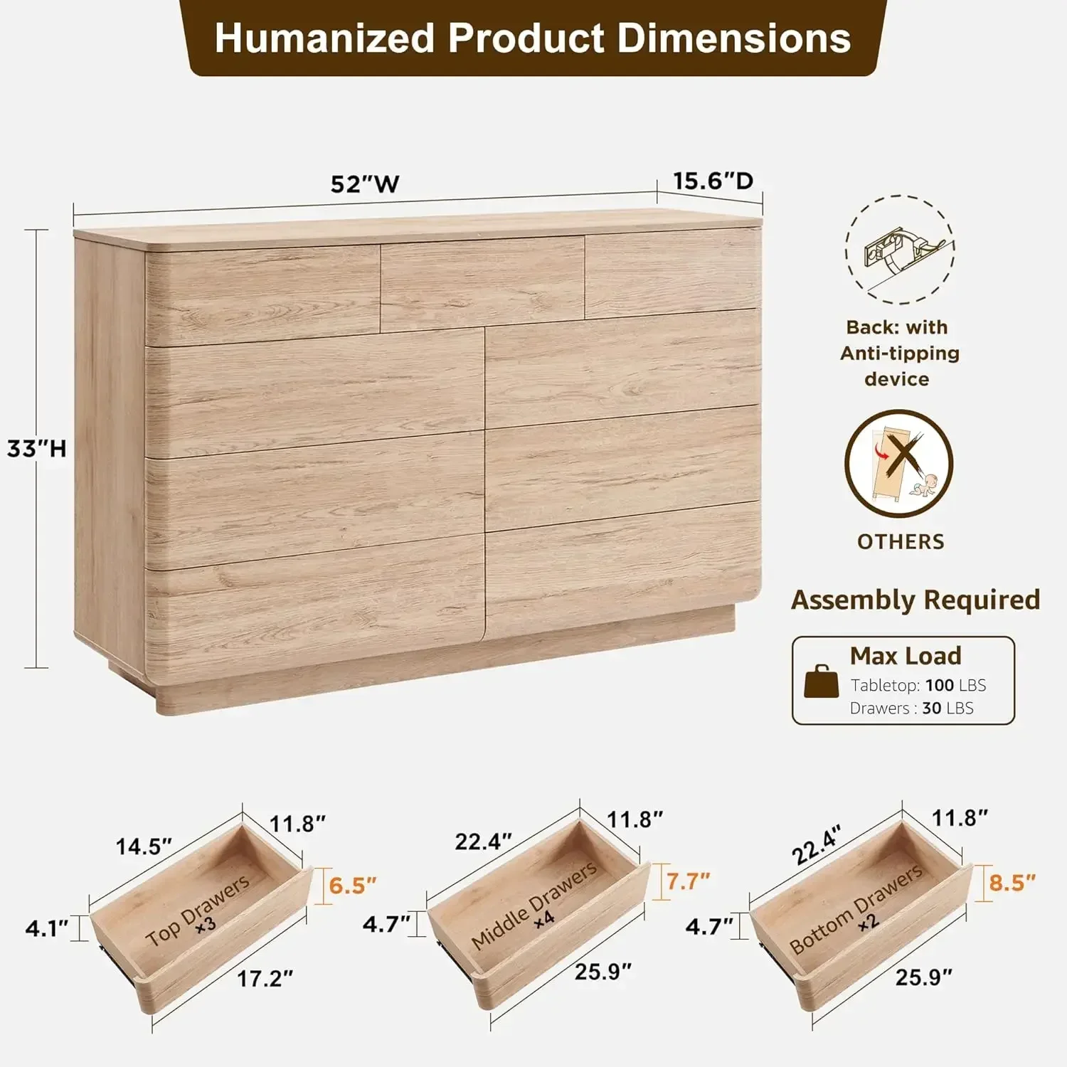 Wide Wooden Dresser With Large Storage Handleless Chest Drawers TV Stand For Living Room Hallway Curved Profile Natural Oak Bedr