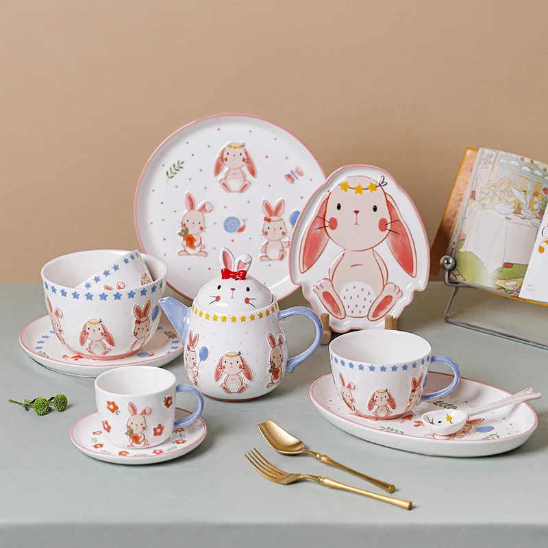 

Cartoon Rabbit Relief Ceramic Tableware,High Appearance Easter Coffee Cup Dish Set,Fish Plate Rice Bowl Kitchen Cutlery Set Gift