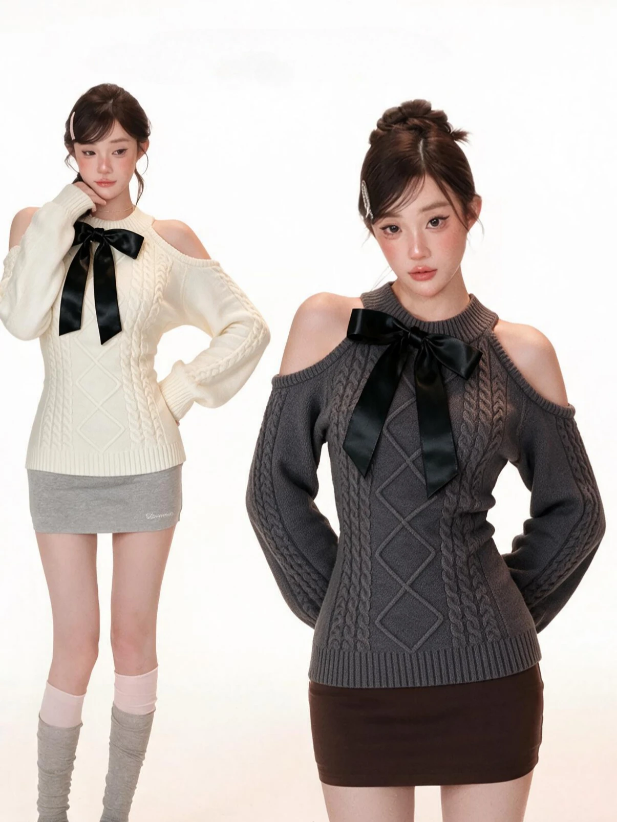Women Harajuku Y2K Twisted Knitted Halter Top Off Shoulder Long Sleeve Slim Blouse Casual Daily Streetwear Sweet Fashion Outfits