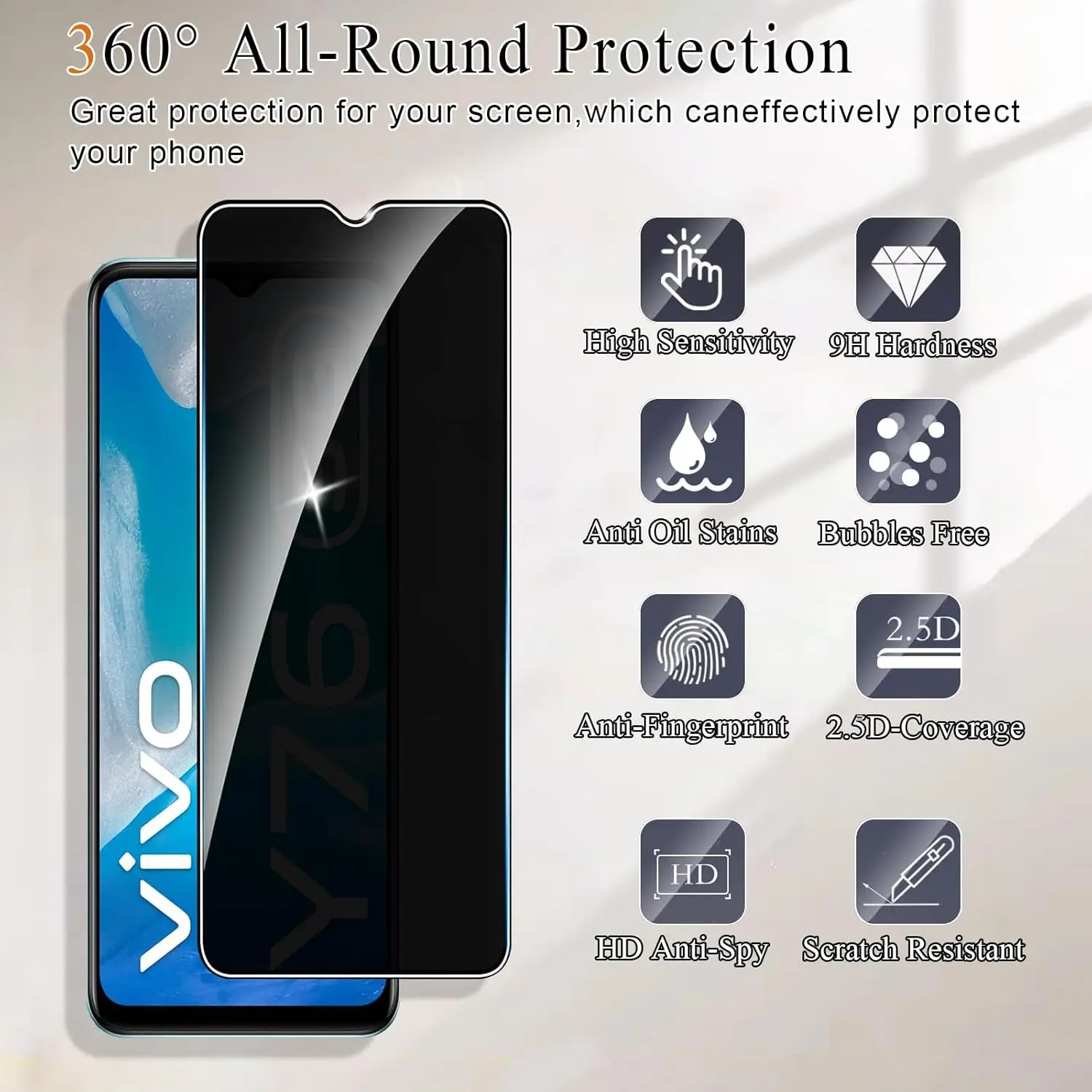 For Vivo Y76 5G Anti Spy Tempered Glass Protector Privacy Screen