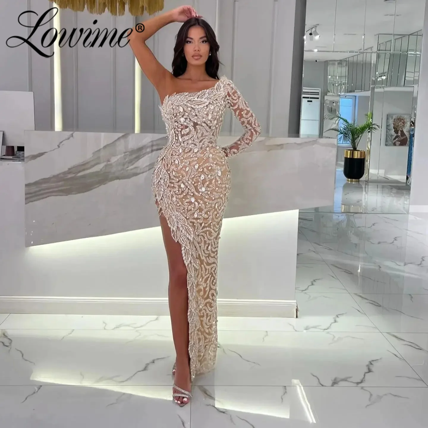 Glitter Sequined Champagne Party Dress One Shoulder Aso Ebi Crystals 3D Leaf Mermaid Prom Dresses Second Reception Evening Gowns