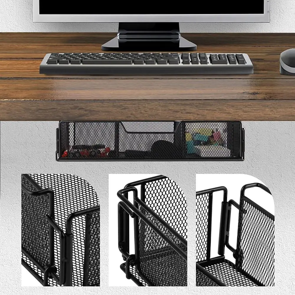 Large Capacity Under Desk Drawer Slide-Out Space Saving Metal Storage Basket Invisible Easy Assembly Desk Hanging Tray Kitchen